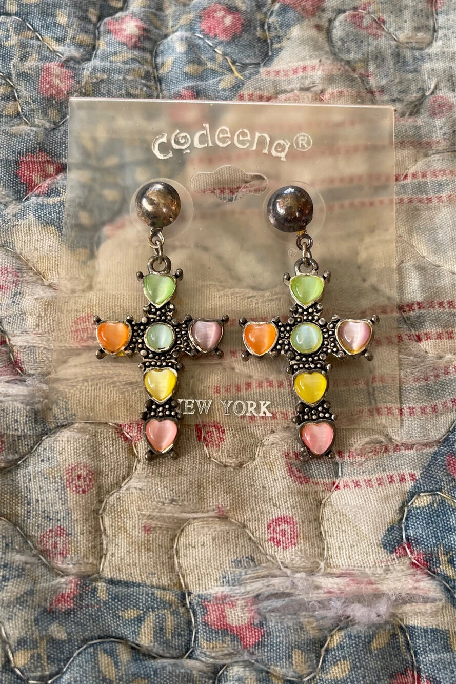Codeena New York cross dangle earrings featuring ornate antiqued metalwork heart